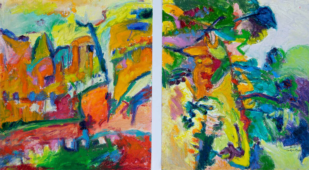 Kay Weprin, Midafternoon (diptych), oil pastel & cold wax