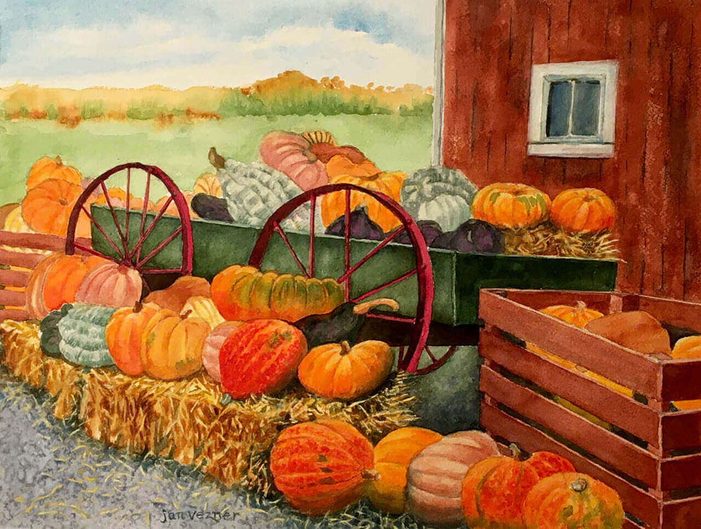 Jan Vezner, Pumpkin Farm, watercolor